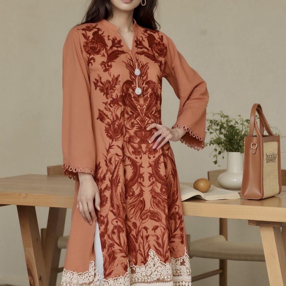 Khaadi Orange Cotton Embroidered Tunic Dress Tassels Size 16